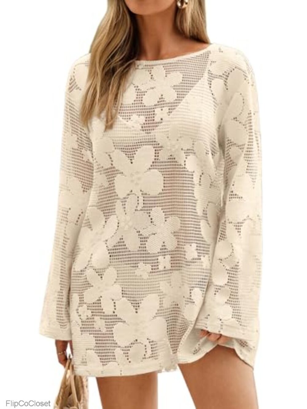 Crochet Swimsuit Coverup Long Sleeve Beach Mini Dress Resort Wear